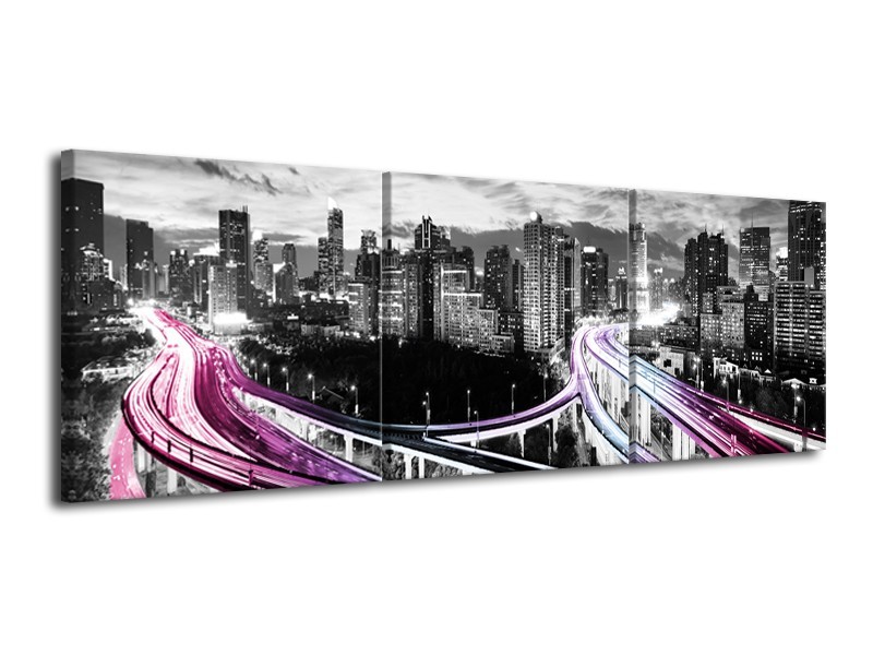 Glas schilderij Wolkenkrabber | Paars, Roze, Grijs | 120x40cm 3Luik