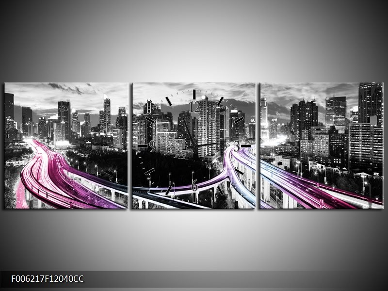 Klok schilderij Wolkenkrabber | Paars, Roze, Grijs | 120x40cm 3Luik