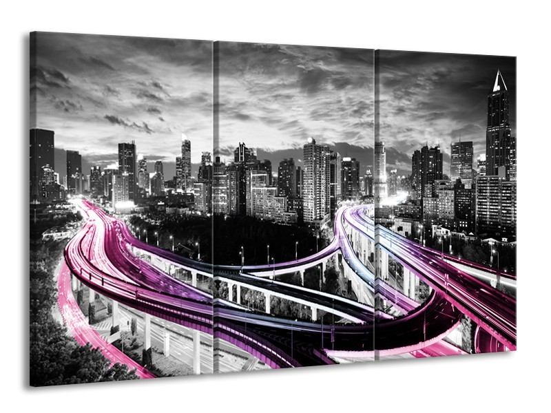 Glas schilderij Wolkenkrabber | Paars, Roze, Grijs | 165x100cm 3Luik