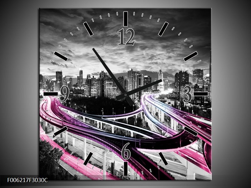 Klok schilderij Wolkenkrabber | Paars, Roze, Grijs | 30x30cm 1Luik