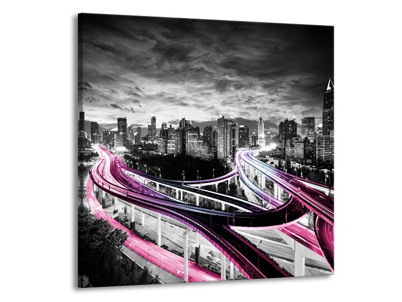 Glas schilderij Wolkenkrabber | Paars, Roze, Grijs | 50x50cm 1Luik