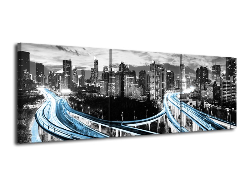 Glas schilderij Wolkenkrabber | Blauw, Grijs | 120x40cm 3Luik