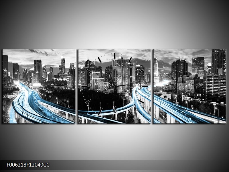 Klok schilderij Wolkenkrabber | Blauw, Grijs | 120x40cm 3Luik