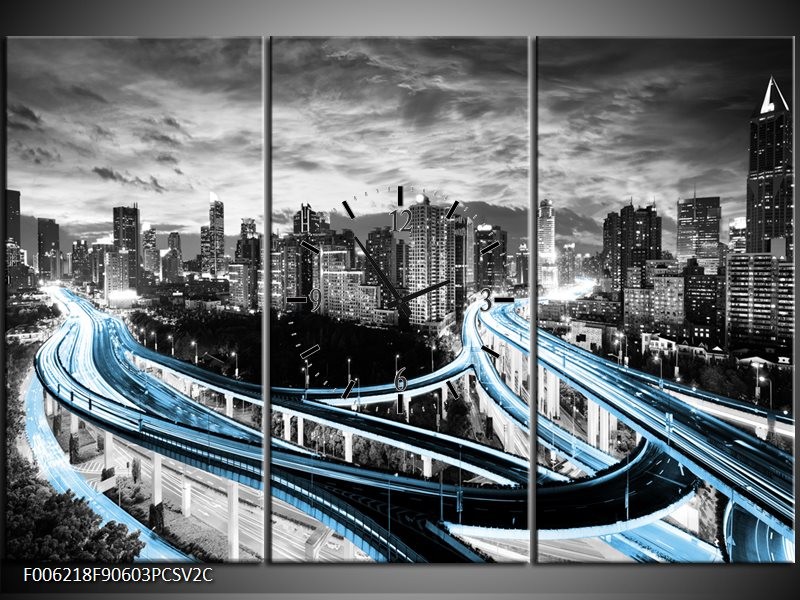 Klok schilderij Wolkenkrabber | Blauw, Grijs | 90x60cm 3Luik