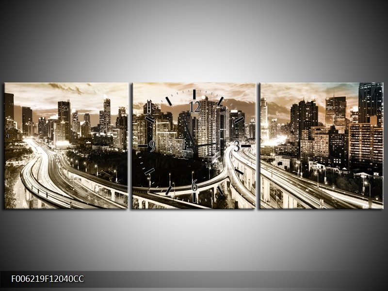 Klok schilderij Wolkenkrabber | Geel, Blauw, Sepia | 120x40cm 3Luik