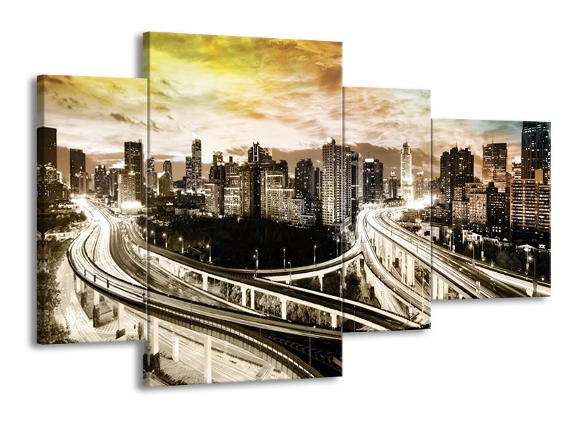 Glas schilderij Wolkenkrabber | Geel, Blauw, Sepia | 120x75cm 4Luik