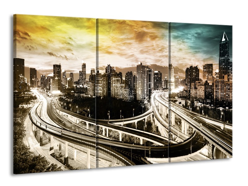 Glas schilderij Wolkenkrabber | Geel, Blauw, Sepia | 165x100cm 3Luik