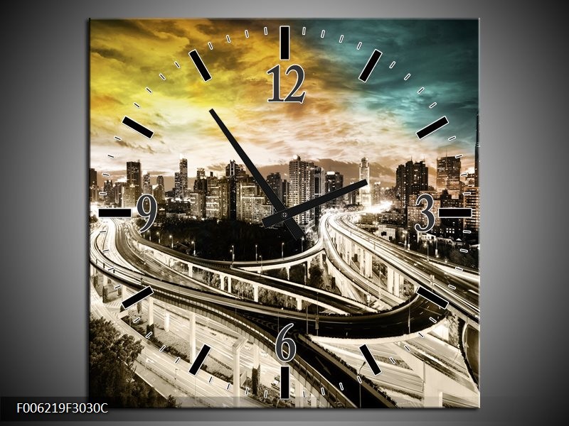 Klok schilderij Wolkenkrabber | Geel, Blauw, Sepia | 30x30cm 1Luik