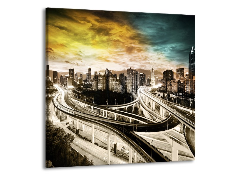 Glas schilderij Wolkenkrabber | Geel, Blauw, Sepia | 50x50cm 1Luik