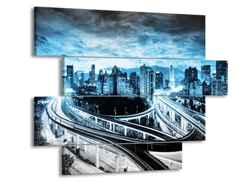 Glas schilderij Wolkenkrabber | Blauw, Grijs | 115x85cm 4Luik