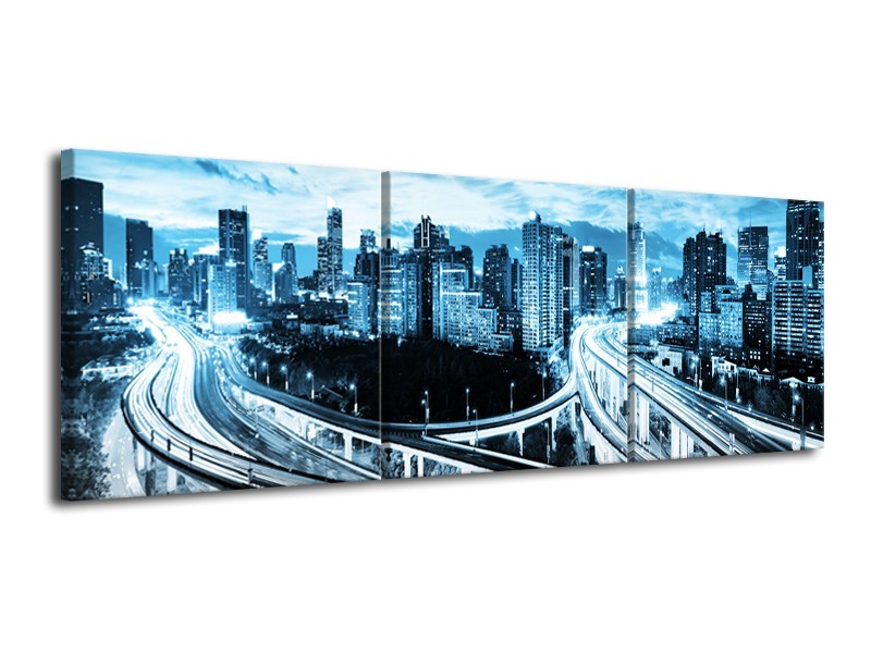 Glas schilderij Wolkenkrabber | Blauw, Grijs | 120x40cm 3Luik