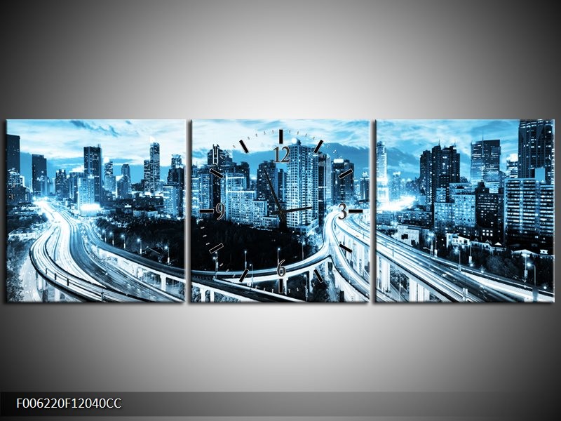 Klok schilderij Wolkenkrabber | Blauw, Grijs | 120x40cm 3Luik