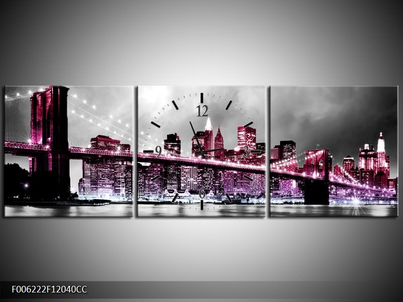 Klok schilderij Brug | Paars, Roze, Grijs | 120x40cm 3Luik