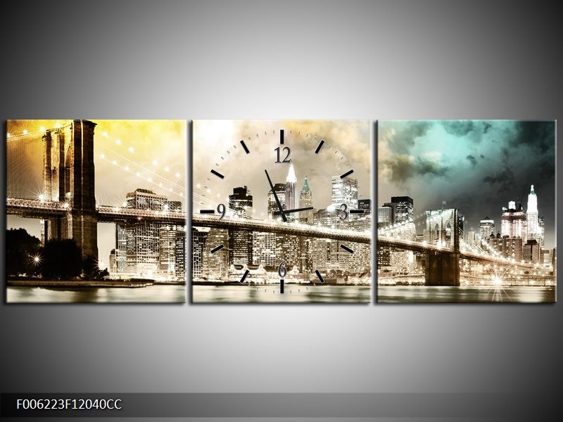 Klok schilderij Brug | Geel, Bruin, Groen | 120x40cm 3Luik