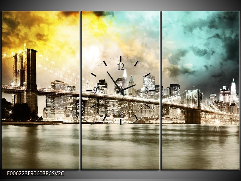 Klok schilderij Brug | Geel, Bruin, Groen | 90x60cm 3Luik