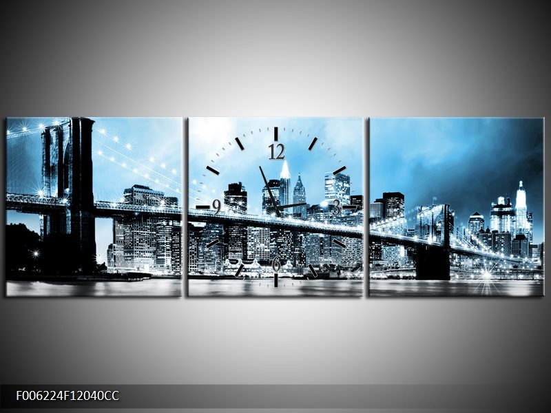 Klok schilderij Brug | Blauw, Grijs | 120x40cm 3Luik
