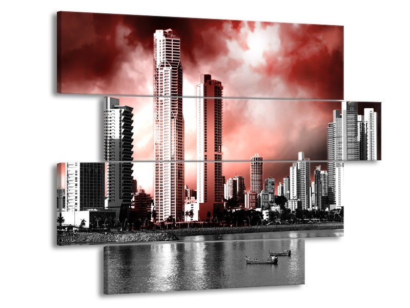 Glas schilderij Wolkenkrabber | Rood, Grijs | 115x85cm 4Luik