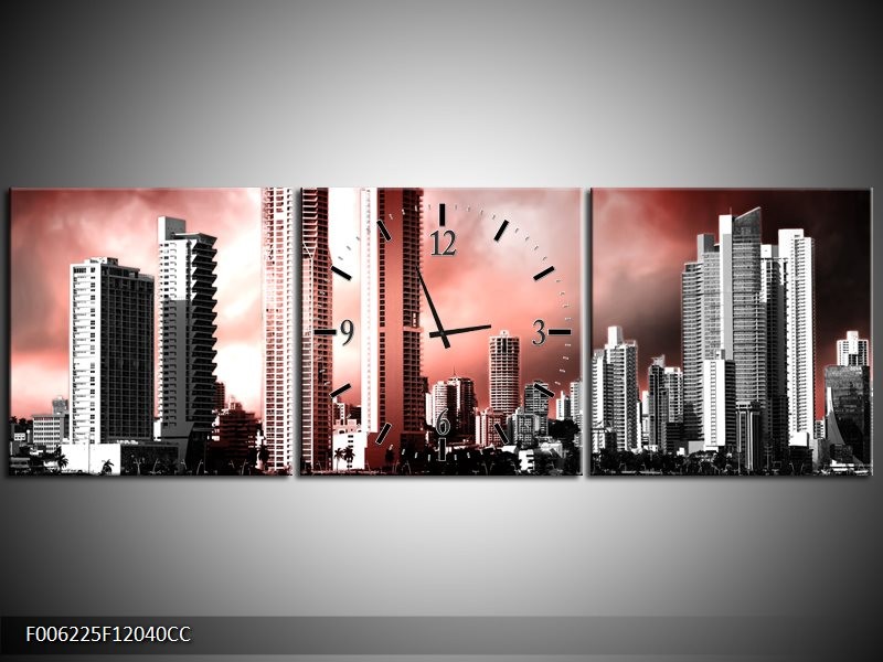 Klok schilderij Wolkenkrabber | Rood, Grijs | 120x40cm 3Luik