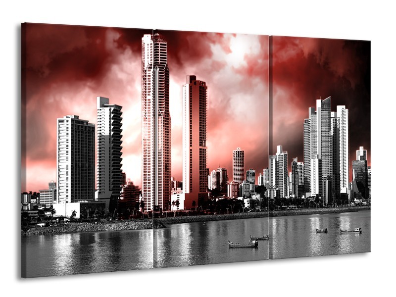 Glas schilderij Wolkenkrabber | Rood, Grijs | 165x100cm 3Luik