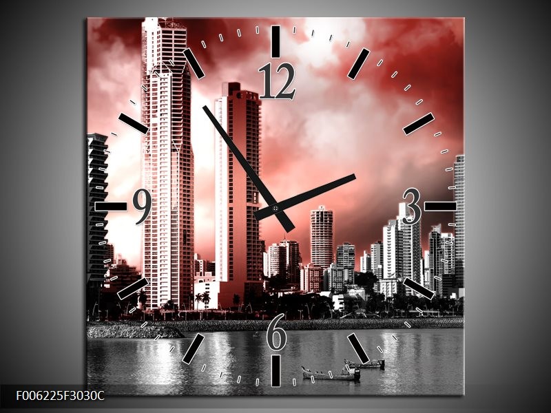 Klok schilderij Wolkenkrabber | Rood, Grijs | 30x30cm 1Luik