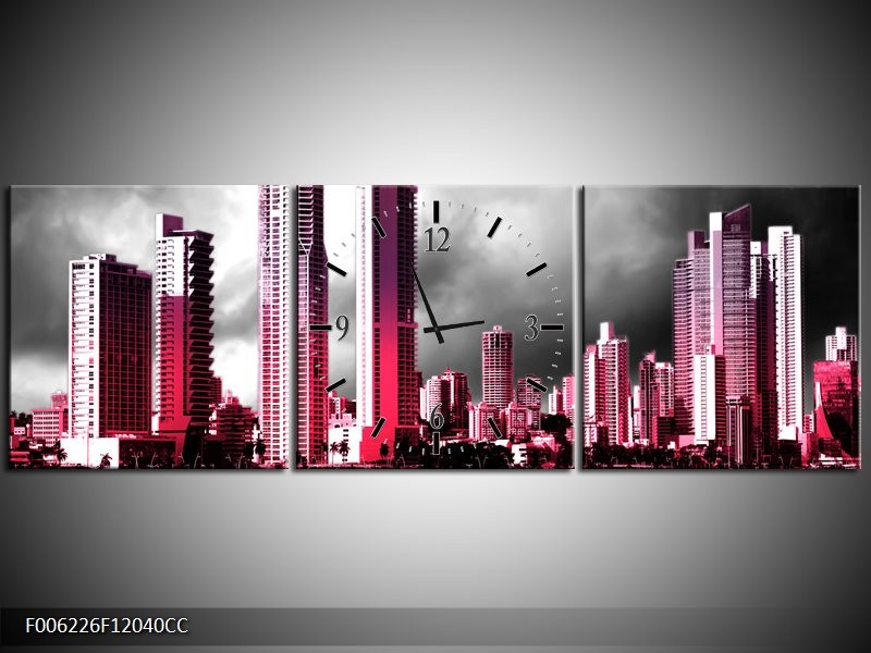 Klok schilderij Wolkenkrabber | Roze, Grijs, | 120x40cm 3Luik