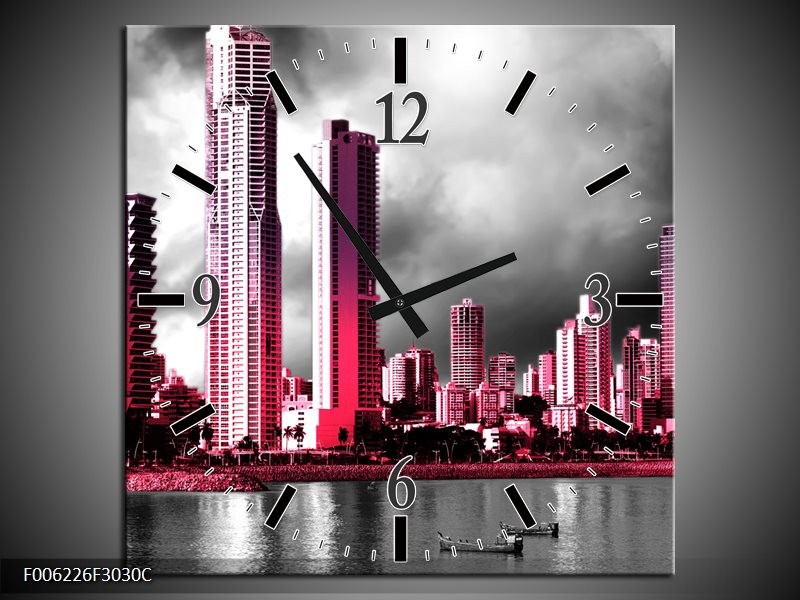Klok schilderij Wolkenkrabber | Roze, Grijs, | 30x30cm 1Luik