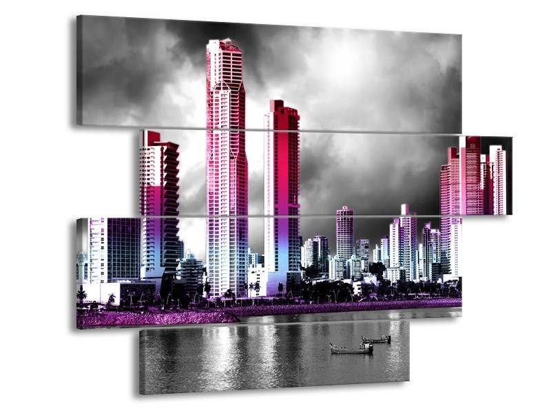 Glas schilderij Wolkenkrabber | Paars, Roze, Grijs | 115x85cm 4Luik