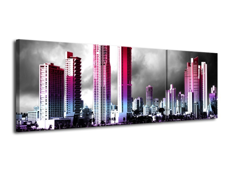 Glas schilderij Wolkenkrabber | Paars, Roze, Grijs | 120x40cm 3Luik