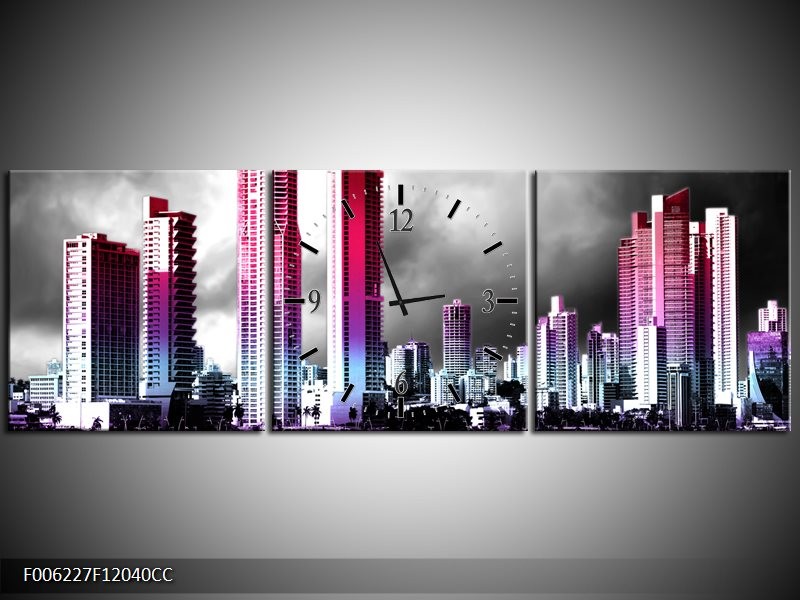 Klok schilderij Wolkenkrabber | Paars, Roze, Grijs | 120x40cm 3Luik