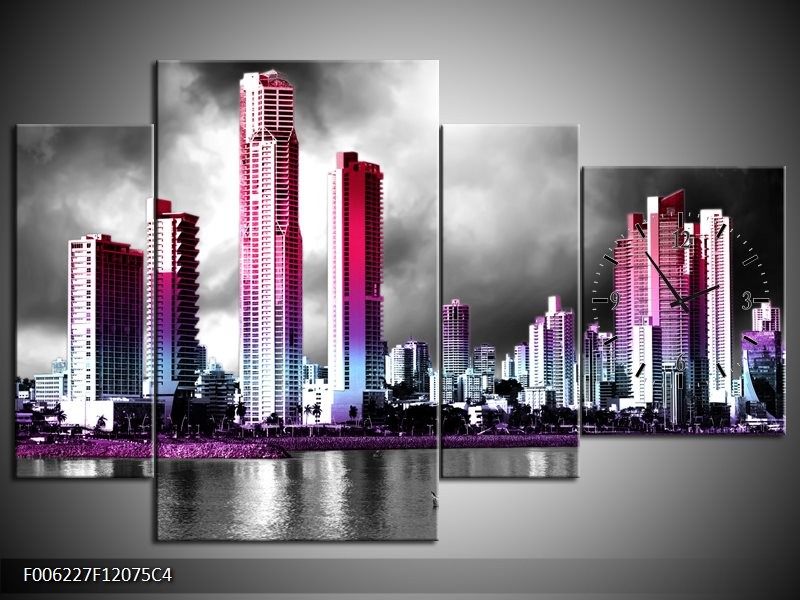 Klok schilderij Wolkenkrabber | Paars, Roze, Grijs | 120x75cm 4Luik