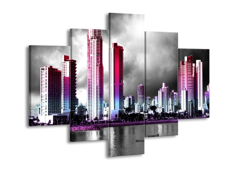 Glas schilderij Wolkenkrabber | Paars, Roze, Grijs | 150x105cm 5Luik