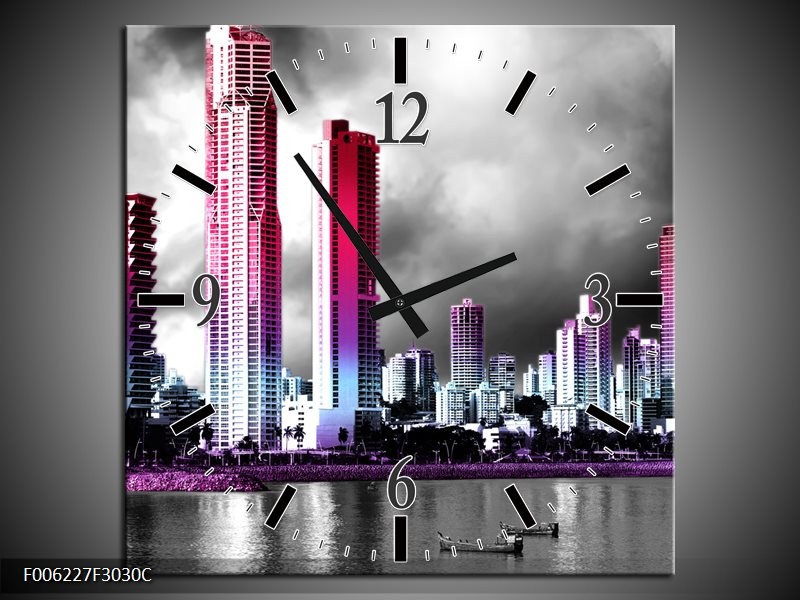 Klok schilderij Wolkenkrabber | Paars, Roze, Grijs | 30x30cm 1Luik