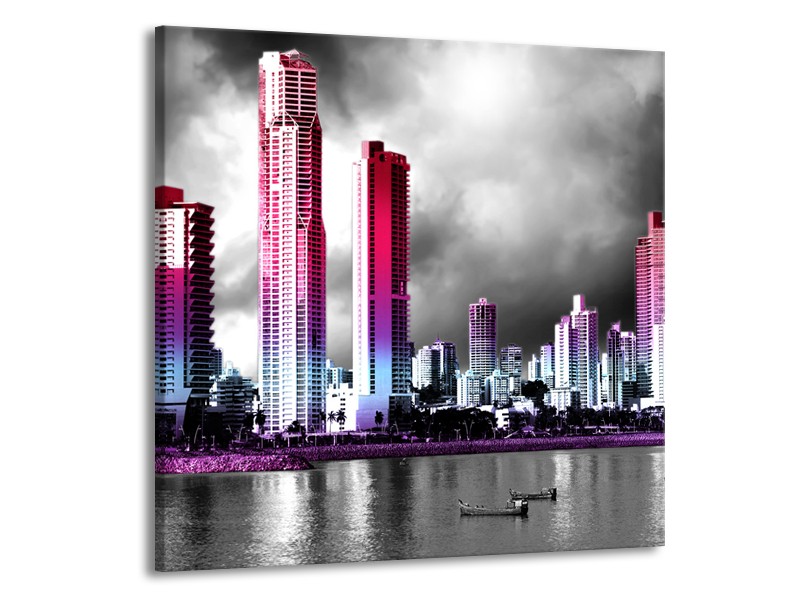 Glas schilderij Wolkenkrabber | Paars, Roze, Grijs | 50x50cm 1Luik