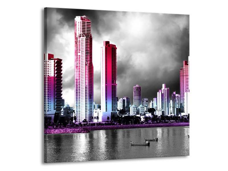 Canvas schilderij Wolkenkrabber | Paars, Roze, Grijs | 70x70cm 1Luik