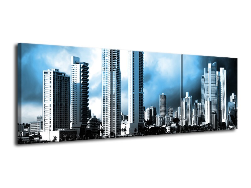 Glas schilderij Wolkenkrabber | Blauw, Grijs | 120x40cm 3Luik