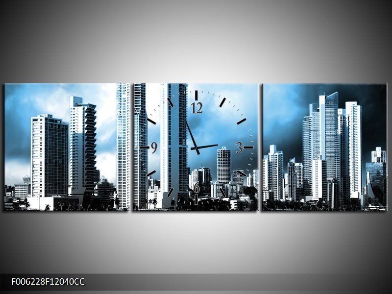 Klok schilderij Wolkenkrabber | Blauw, Grijs | 120x40cm 3Luik