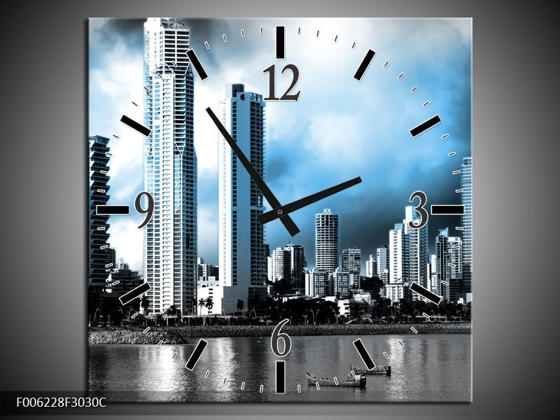 Klok schilderij Wolkenkrabber | Blauw, Grijs | 30x30cm 1Luik