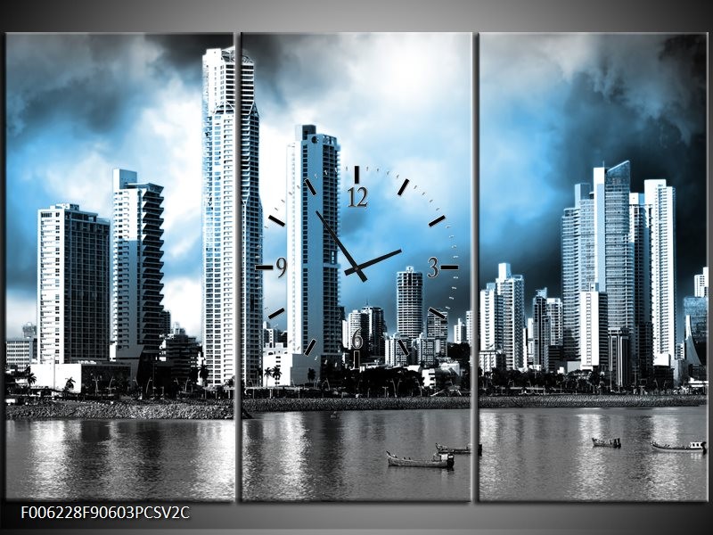 Klok schilderij Wolkenkrabber | Blauw, Grijs | 90x60cm 3Luik