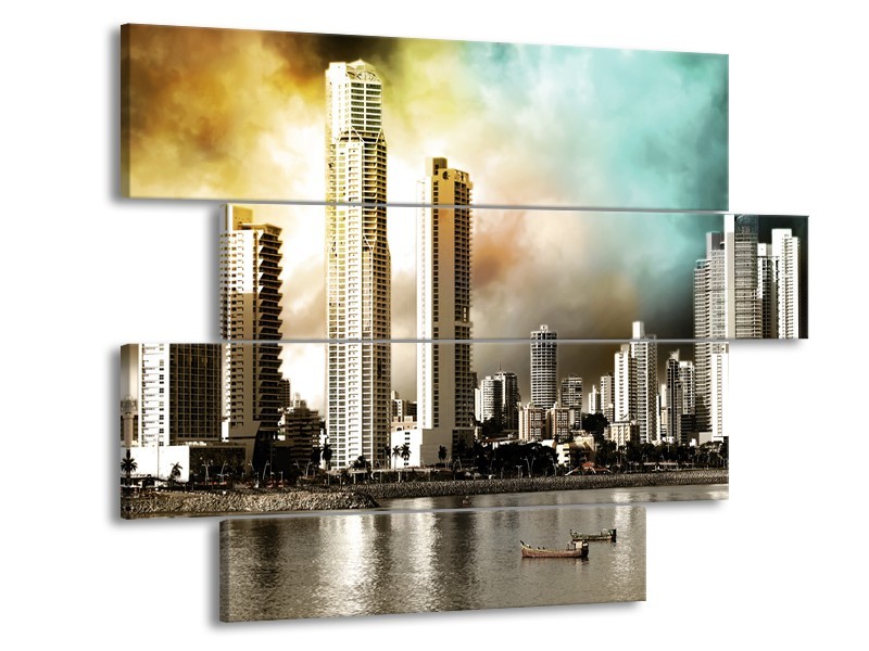 Glas schilderij Wolkenkrabber | Bruin, Sepia, Groen | 115x85cm 4Luik