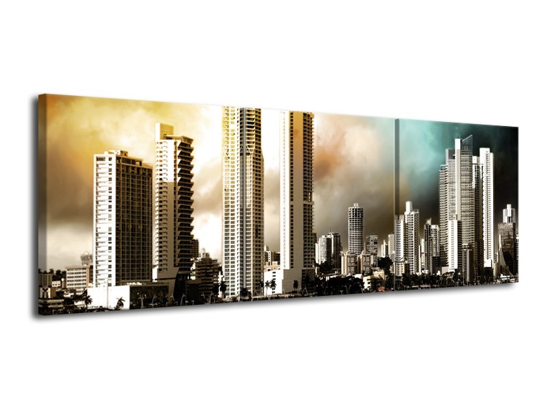 Glas schilderij Wolkenkrabber | Bruin, Sepia, Groen | 120x40cm 3Luik