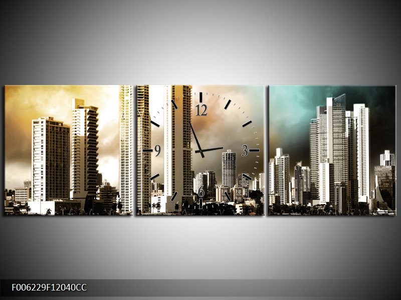 Klok schilderij Wolkenkrabber | Bruin, Sepia, Groen | 120x40cm 3Luik