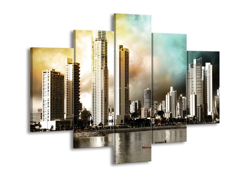 Glas schilderij Wolkenkrabber | Bruin, Sepia, Groen | 150x105cm 5Luik