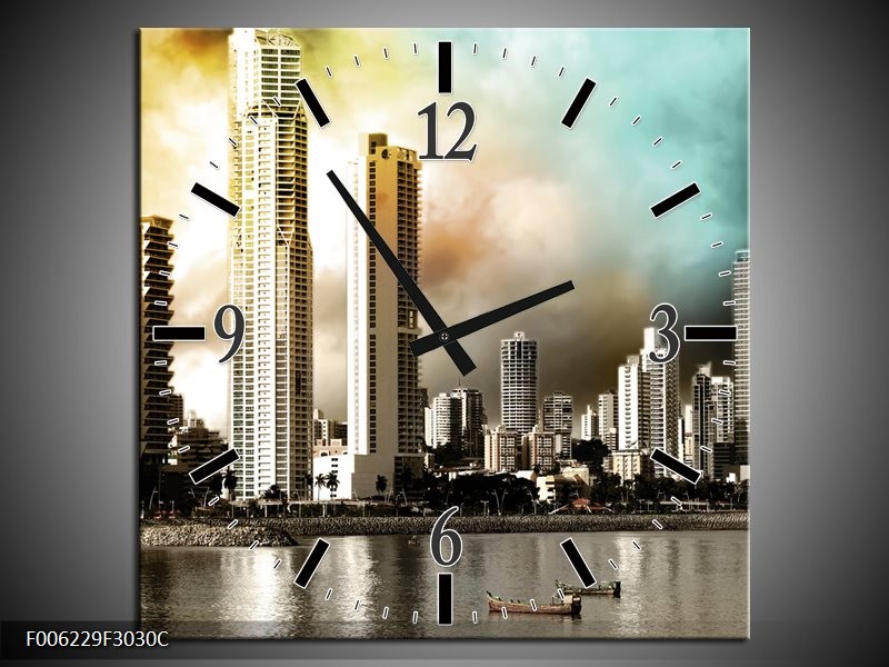 Klok schilderij Wolkenkrabber | Bruin, Sepia, Groen | 30x30cm 1Luik