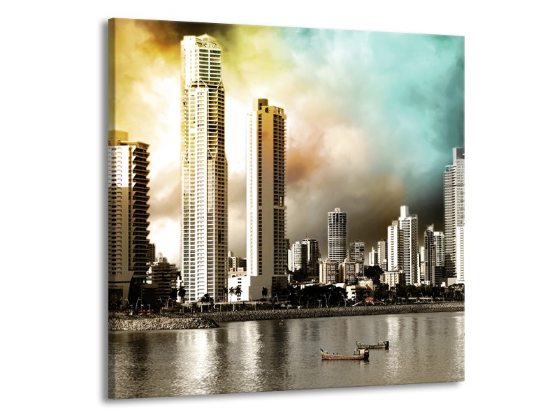 Glas schilderij Wolkenkrabber | Bruin, Sepia, Groen | 50x50cm 1Luik