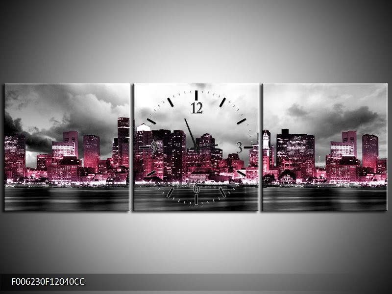 Klok schilderij Wolkenkrabber | Roze, Grijs | 120x40cm 3Luik