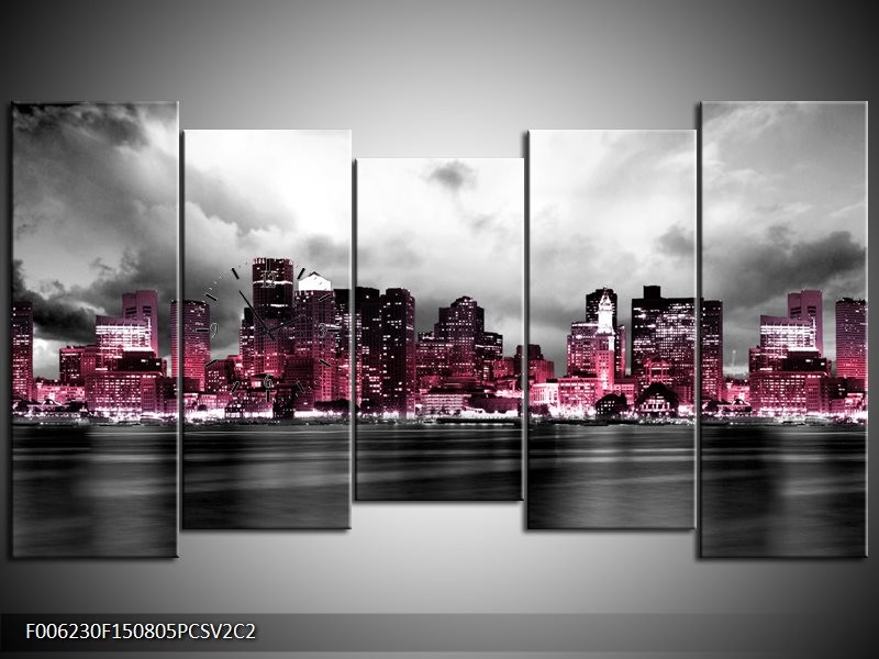 Klok schilderij Wolkenkrabber | Roze, Grijs | 150x80cm 5Luik