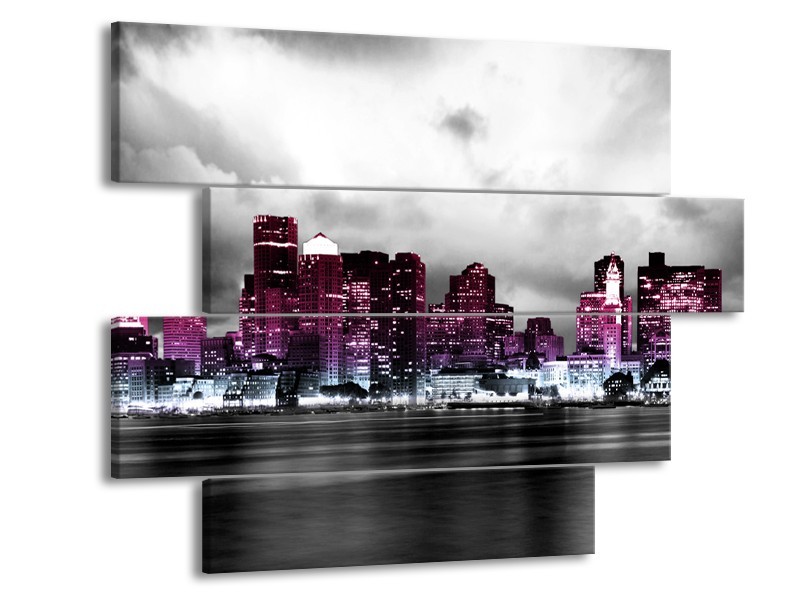 Glas schilderij Wolkenkrabber | Paars, Roze, Grijs | 115x85cm 4Luik