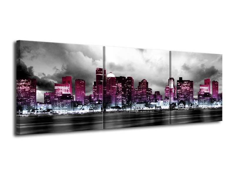 Glas schilderij Wolkenkrabber | Paars, Roze, Grijs | 120x40cm 3Luik