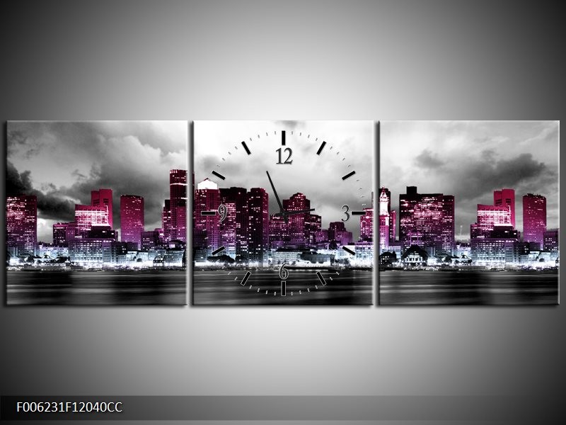 Klok schilderij Wolkenkrabber | Paars, Roze, Grijs | 120x40cm 3Luik