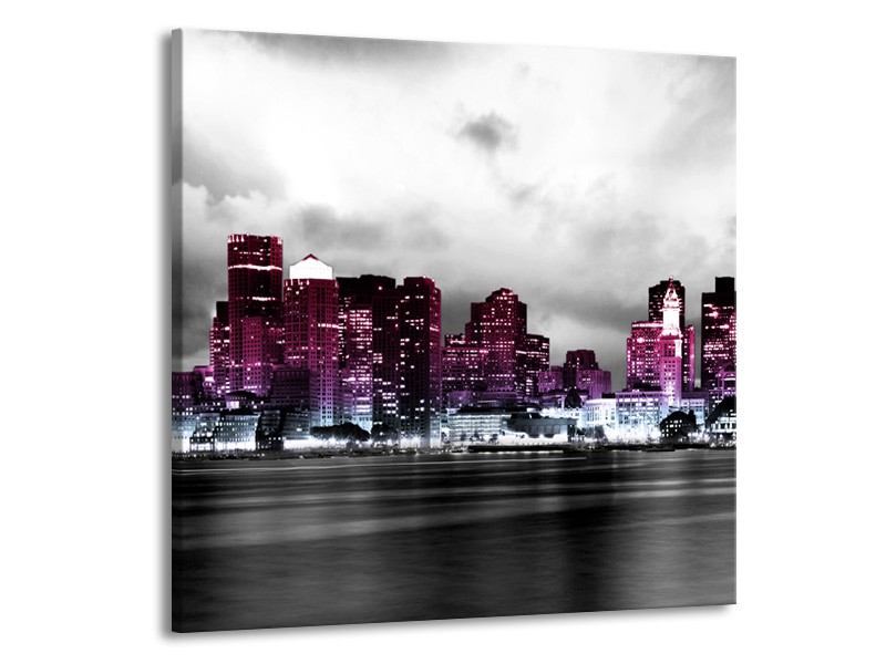 Glas schilderij Wolkenkrabber | Paars, Roze, Grijs | 50x50cm 1Luik